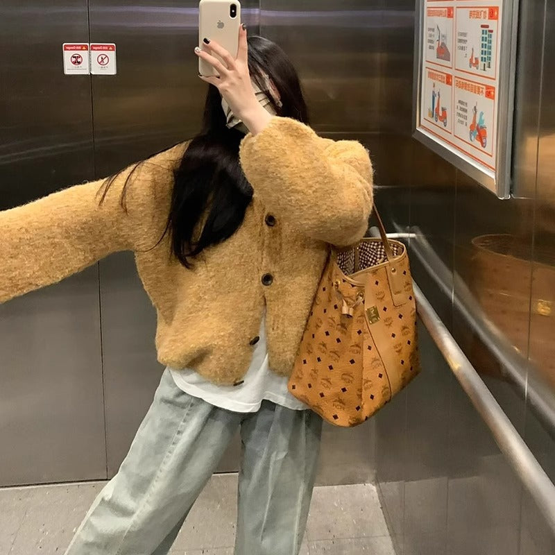 Soft Knit Cardigan Sweater for Women Yellow Short Length Autumn Outwear