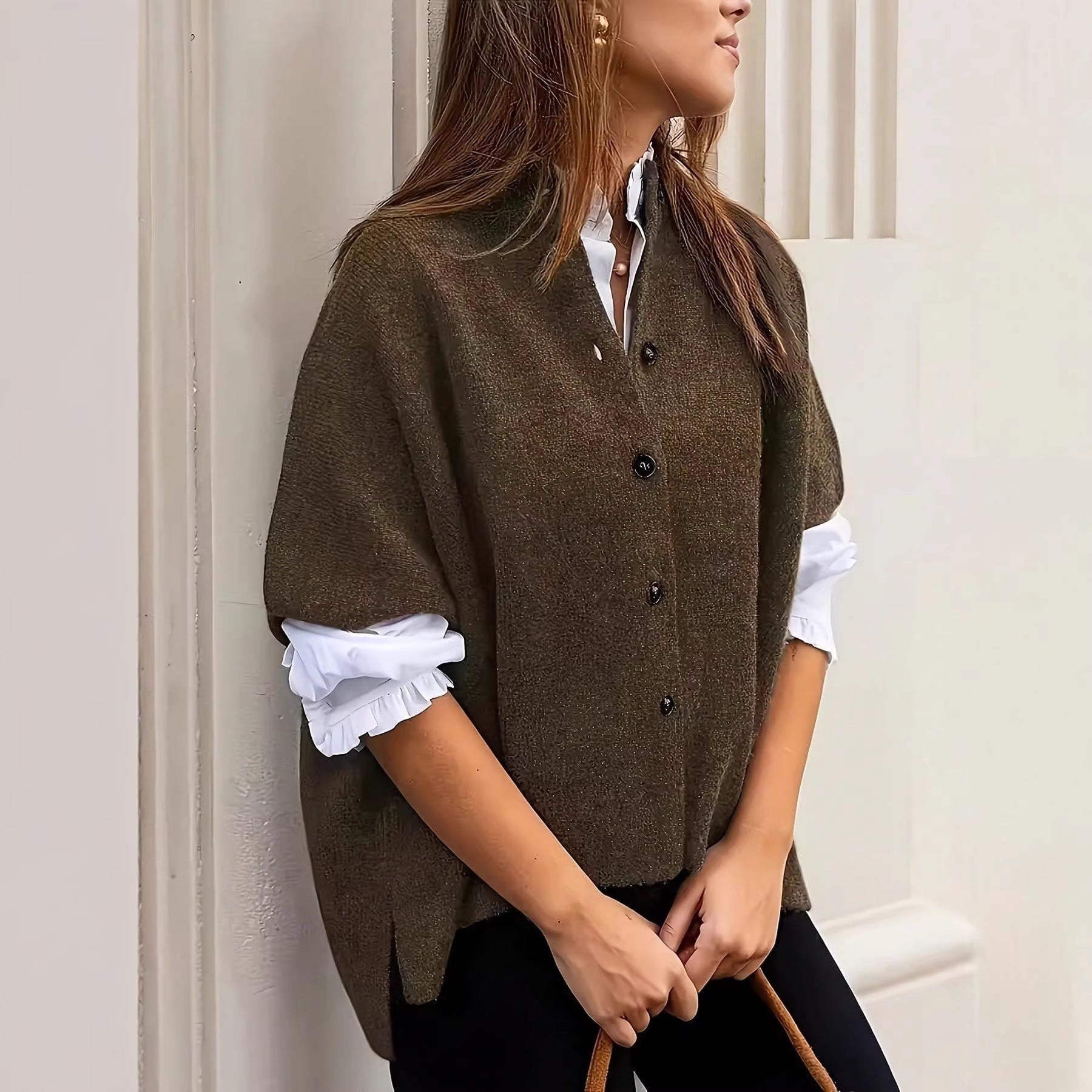 Elegant Casual Knitted Cardigan for Women, Solid Color Round Neck Short Sleeve Single Breasted Cardigan