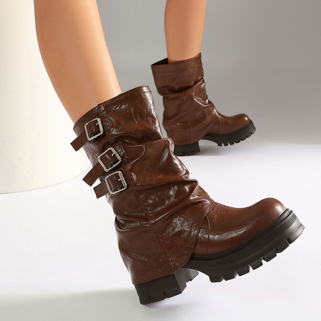 Brown Buckle Chunky Boots