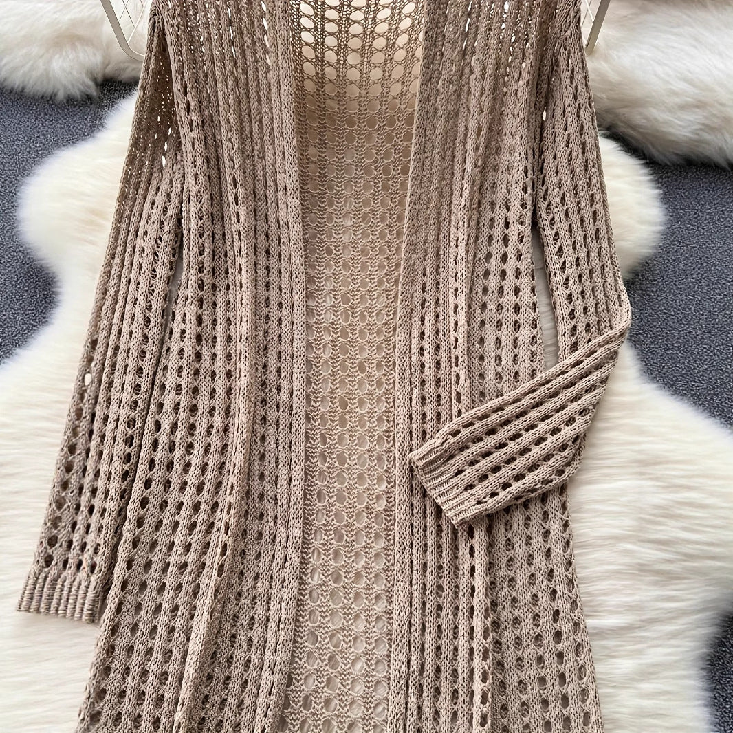 Style Spring Summer New Hollow-Out Design Casual Fashion Solid Color Loose Knit Cardigan Elegant Women's Outerwear