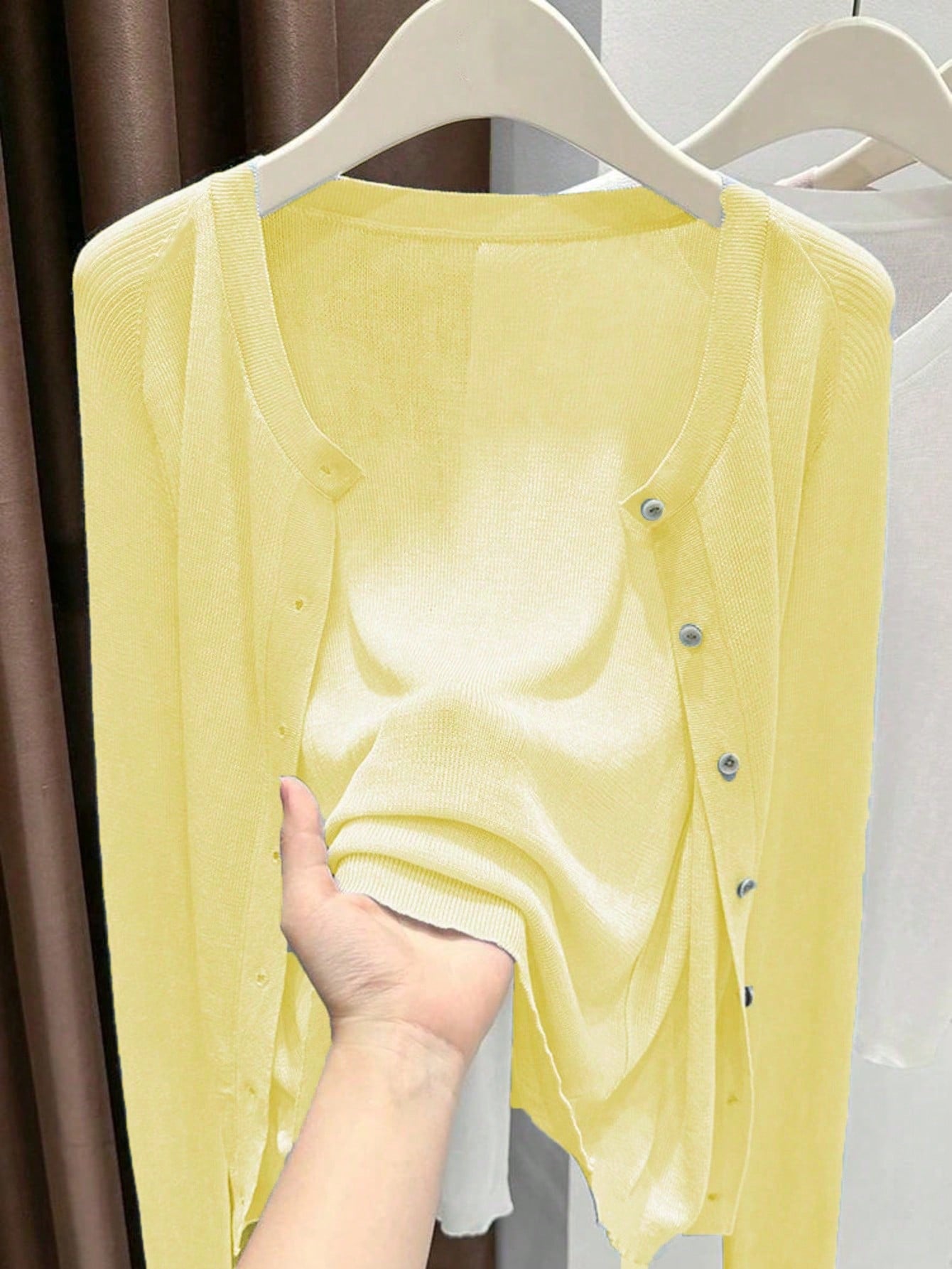Spring Summer Women's Knit Cardigan Solid Color Round Neck Long Sleeve Lightweight Semi-Transparent Lyocell Tencel Cardigan