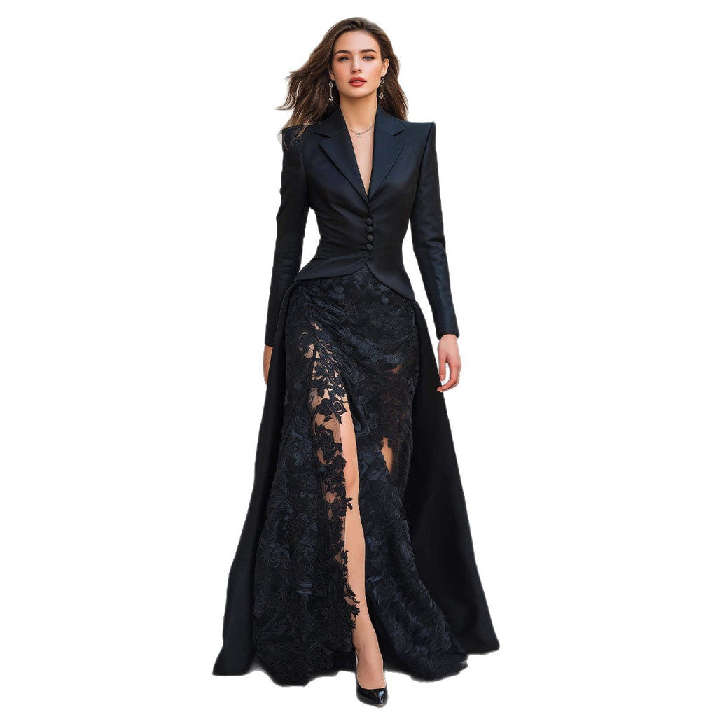 Black Lace Blazer Maxi Dress