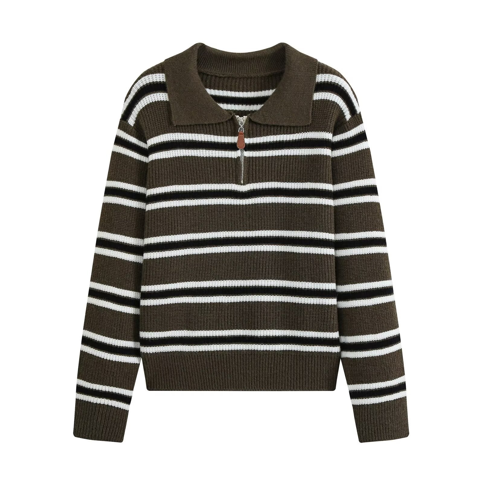 Lazy style simple casual zipper striped knitted sweater
