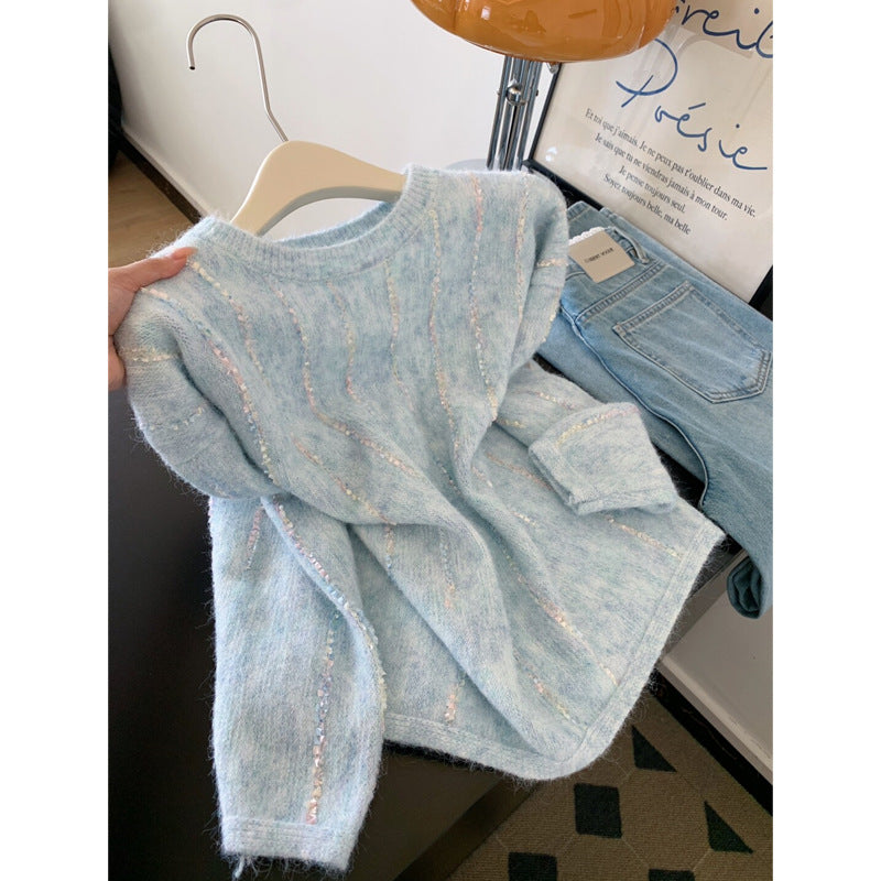 Chic Blue Stripe Crewneck Long Sleeve Knit Sweater for Women, Wearable as Outer or Inner Layer, Soft and Elegant Top