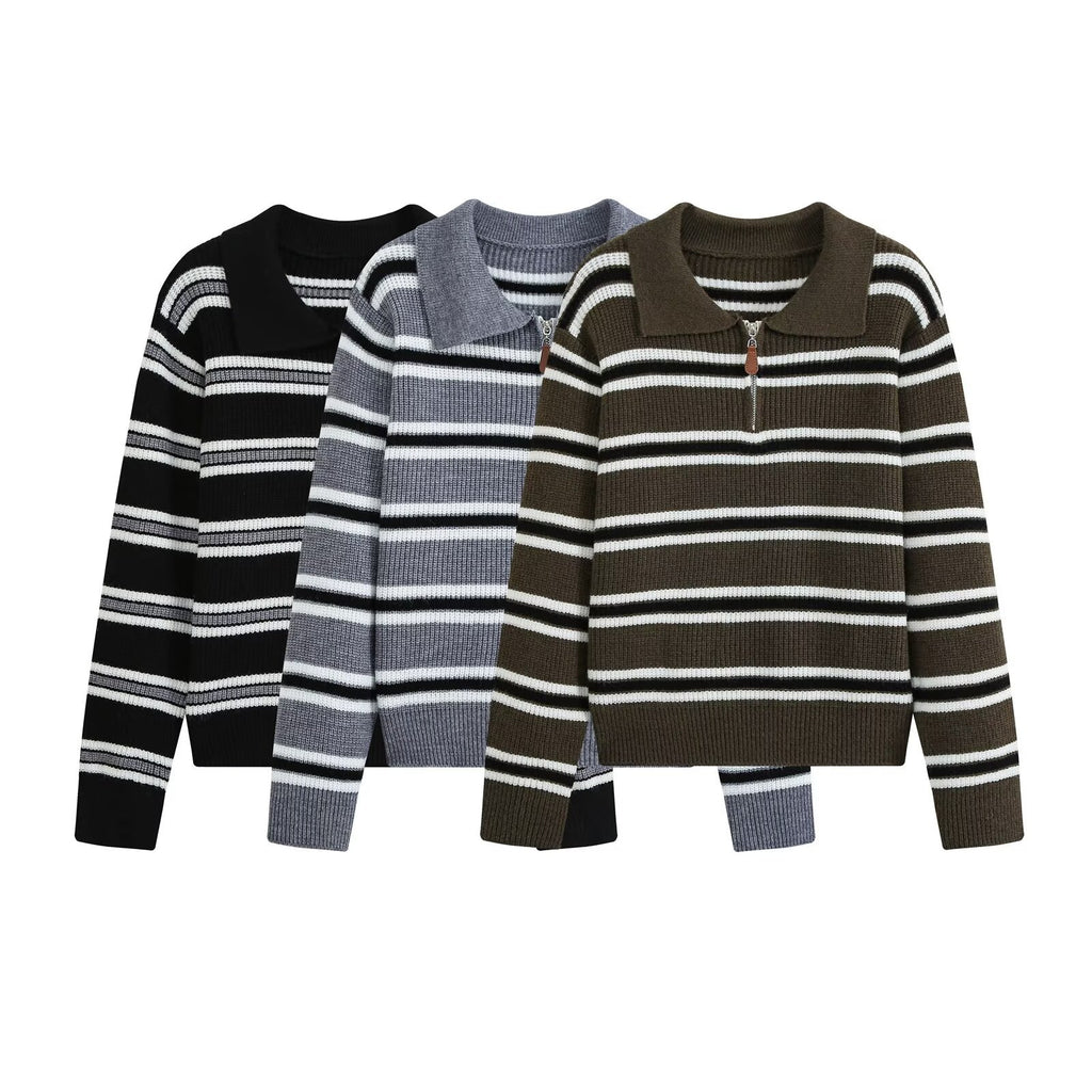 Lazy style simple casual zipper striped knitted sweater