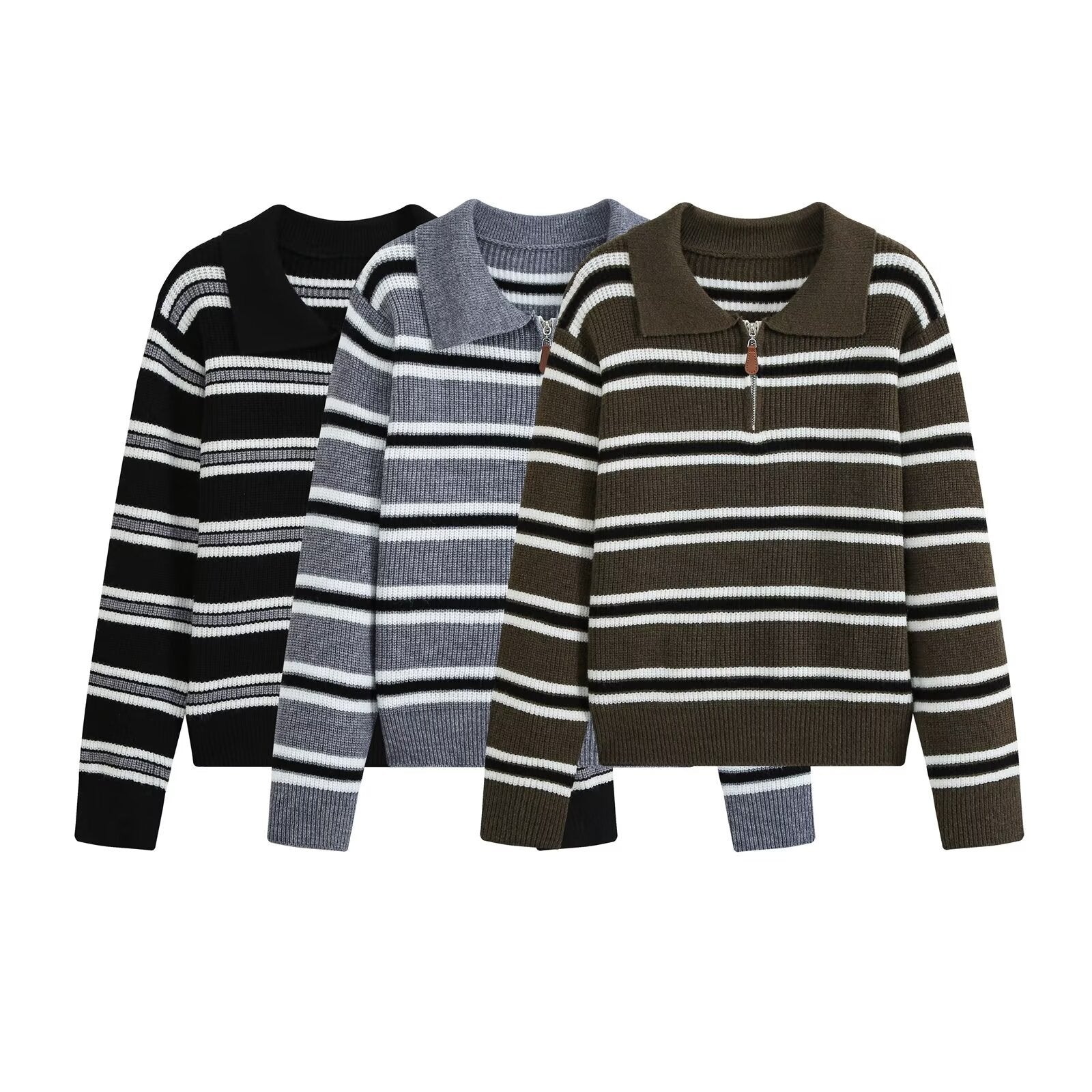 Lazy style simple casual zipper striped knitted sweater