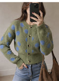 Vintage Round Neck Open Front Knit Sweater Women Autumn Winter New Green Polka Dot Single Buttoned Top Coat
