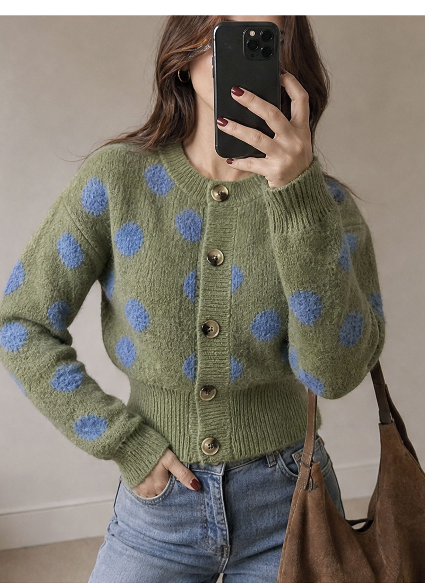 Vintage Round Neck Open Front Knit Sweater Women Autumn Winter New Green Polka Dot Single Buttoned Top Coat