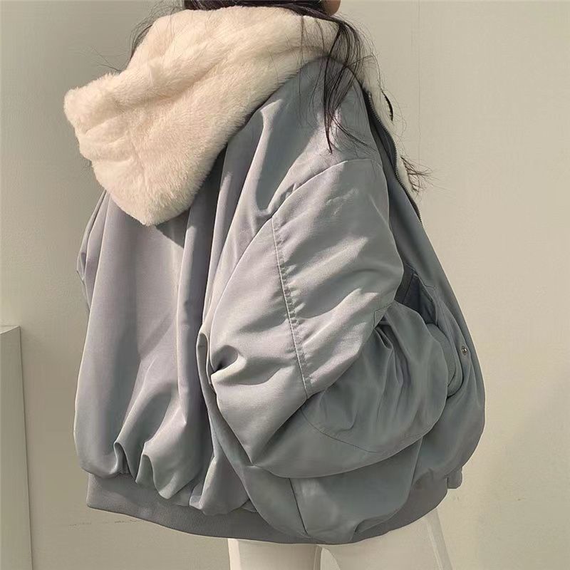 Fleece Lined Reversible Shearling Cotton Coat Women's Outerwear Winter Zipper Hooded Cotton Jacket Top