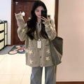 Gray Sweater Coat for Women Autumn Winter New Flip Collar Star Design Knit Cardigan Short Height Top