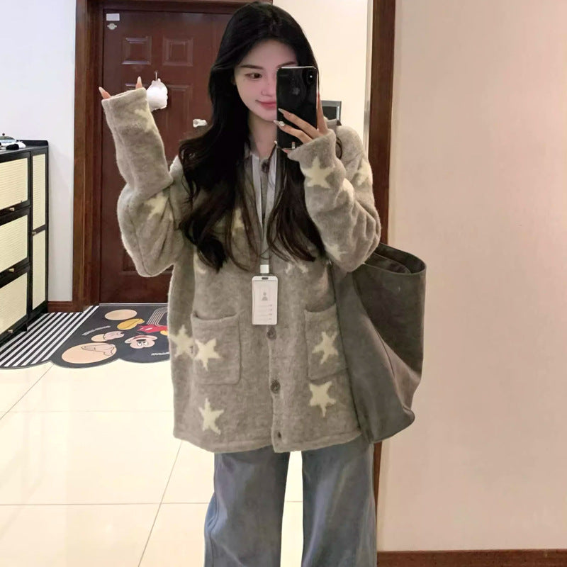 Gray Sweater Coat for Women Autumn Winter New Flip Collar Star Design Knit Cardigan Short Height Top
