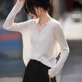 Fashion V-Neck Long Sleeve Lightweight Air Conditioning Sun Protection Ice Silk Knit Cardigan for Women, Simple and Versatile