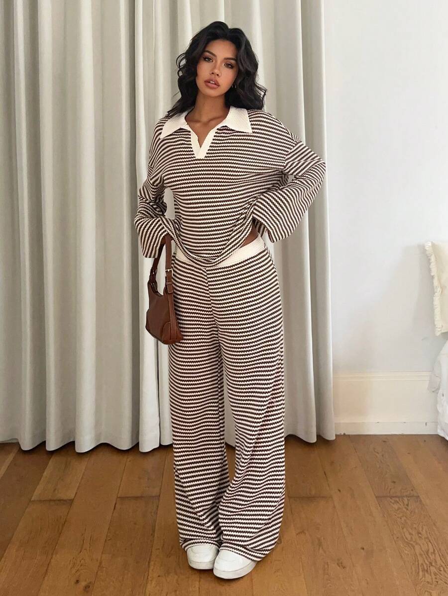Striped Knit Top & Wide-Leg Pants Set