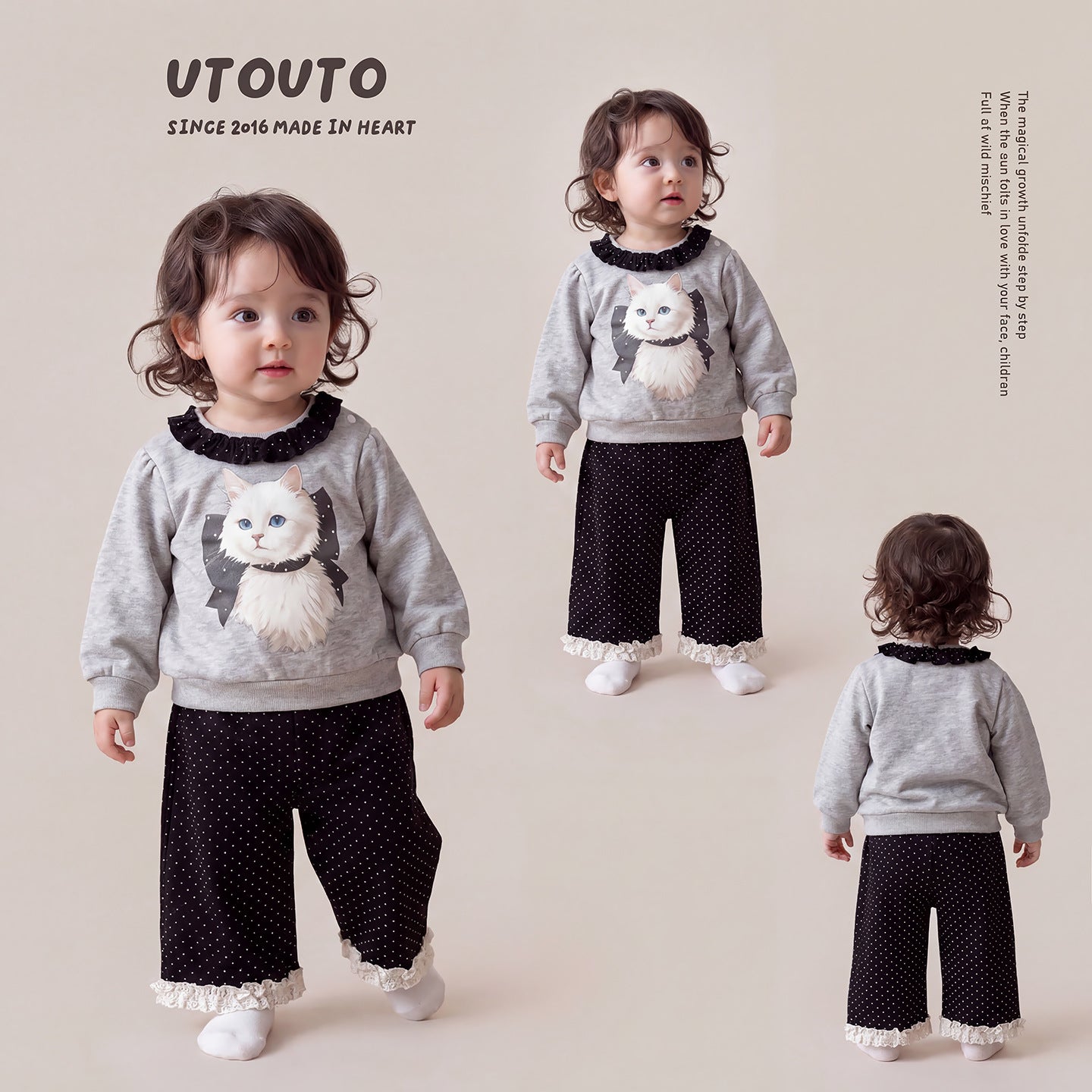 Toddler Cat Collar Sweatshirt & Polka Dot Wide Leg Pants – 2-Piece Set