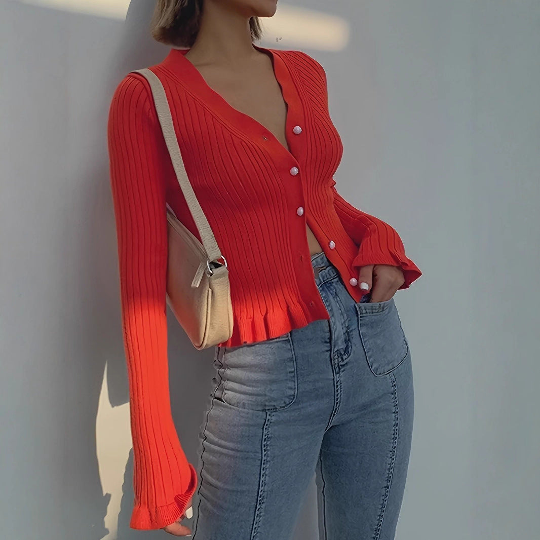 Women’s Elegant V-Neck Ruffle Knit Cardigan