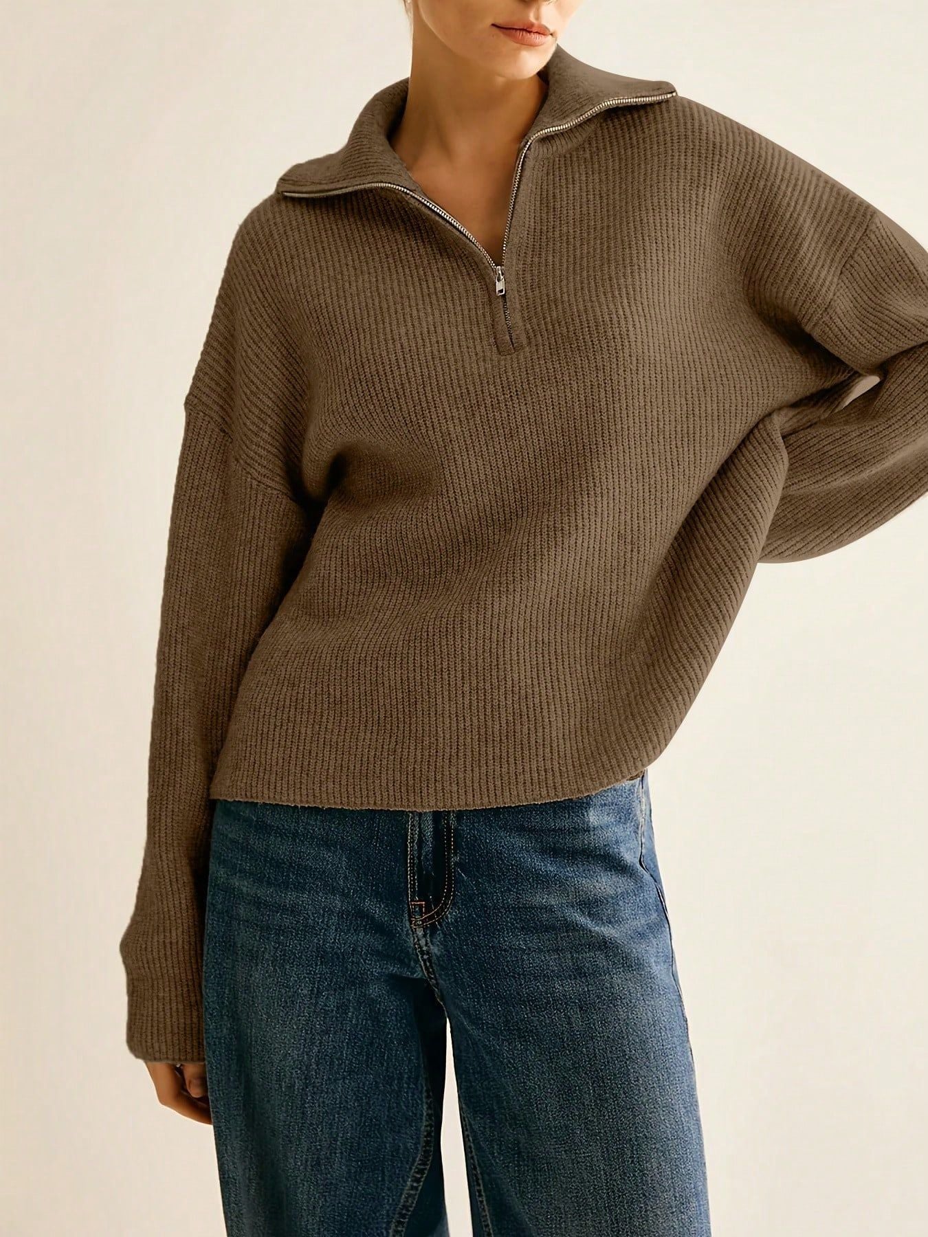 Elegant Casual Pullover for Women, Solid Color, Half-Zip Design with Lapel Collar