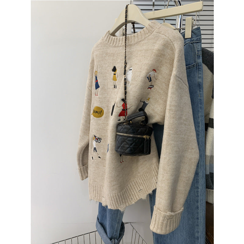 Casual Oversized Knit Sweater for Women with Raccoon Fur Design, Thick Long Sleeve Pullover Top for Autumn and Winter