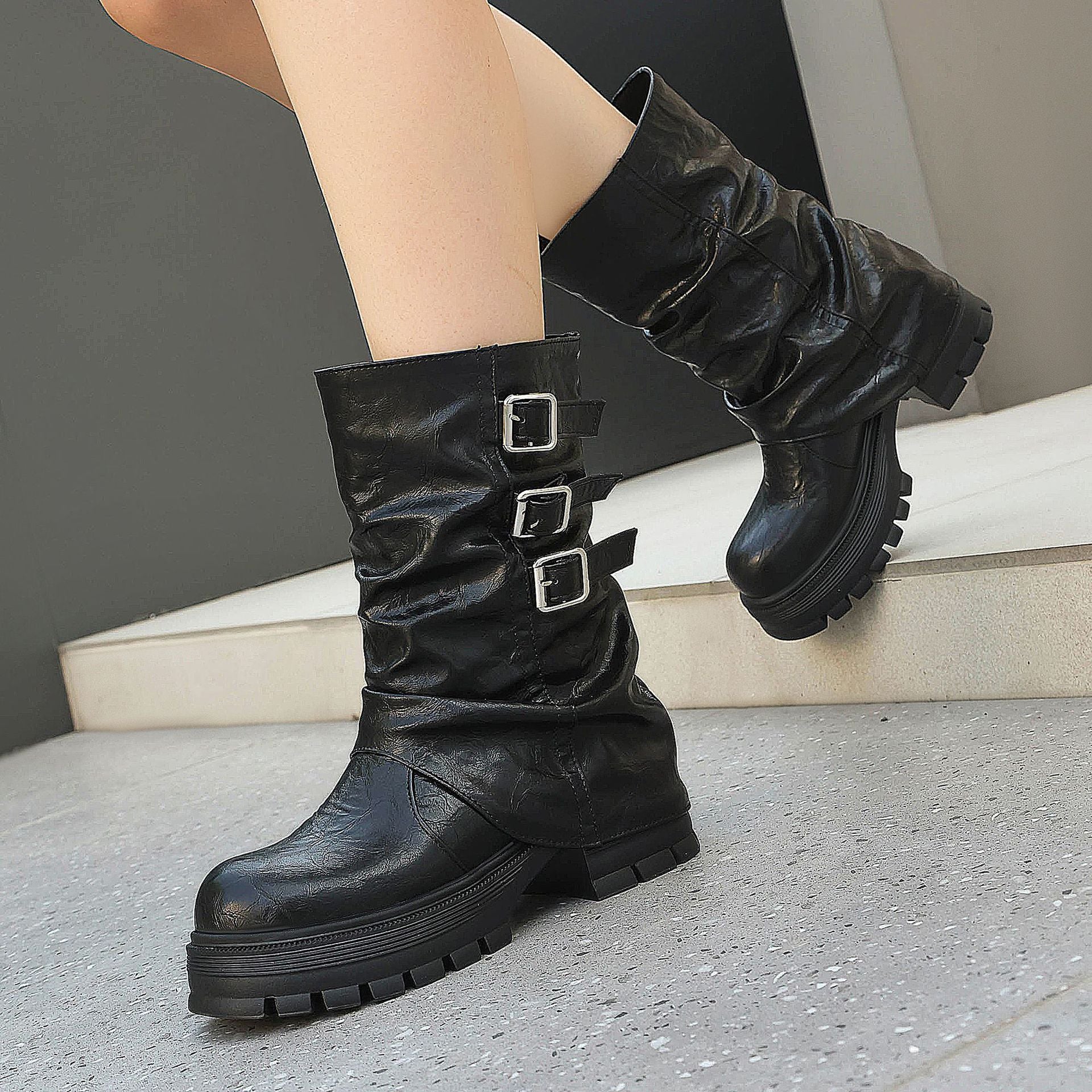 Brown Buckle Chunky Boots