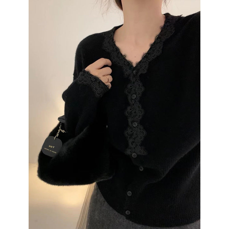 Lace Trim V-Neck Long Sleeve Knit Cardigan for Women, Versatile and Elegant Sweater Top