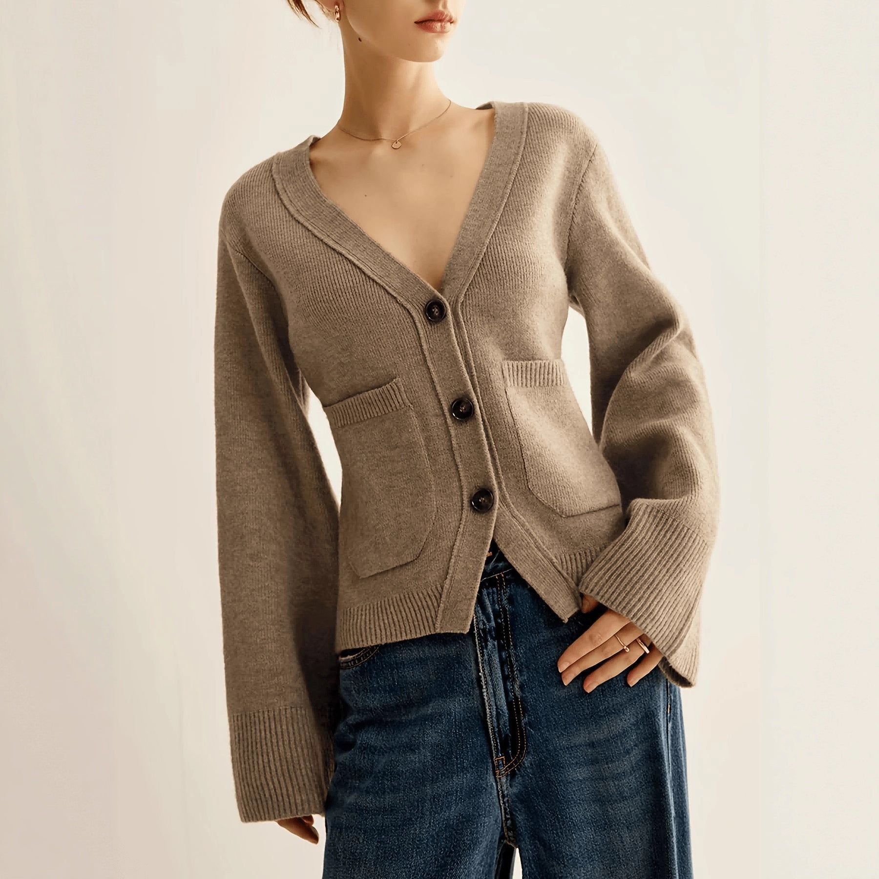 Elegant Casual Autumn/Winter Knit Cardigan Solid Color Front Button Simple Pocket Sweater Coat