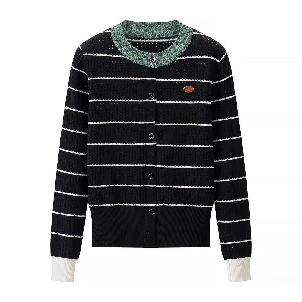 Lazy style contrasting hollow striped loose cardigan