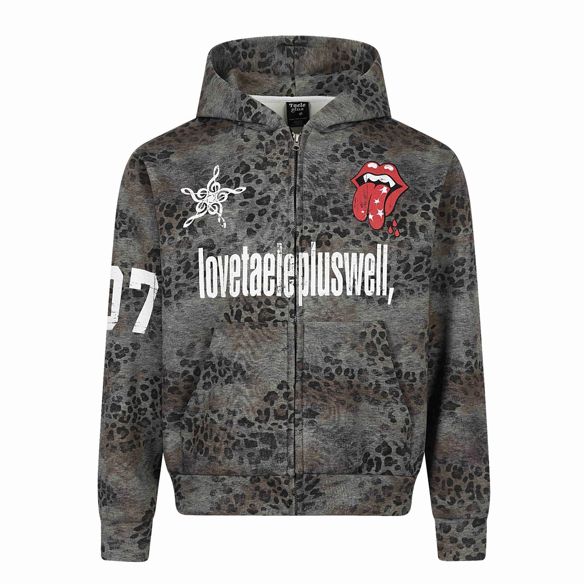 Leopard Print Camouflage Long Sleeve Hooded Loose Fit Zipper Front Sweatshirt