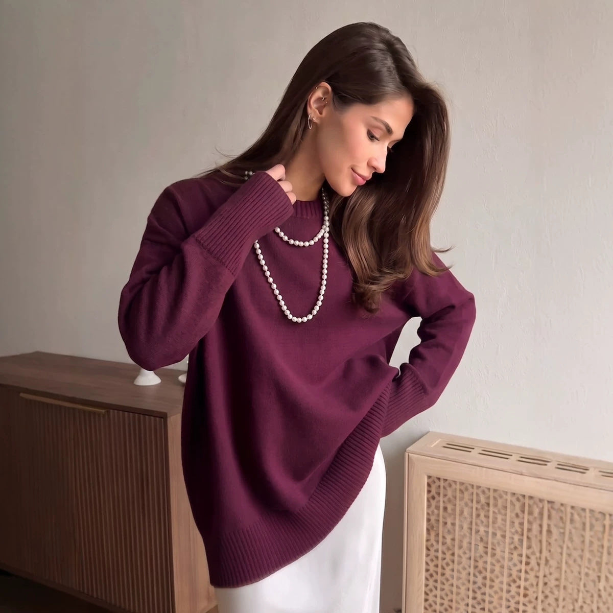 Loose Round Neck Pure Cotton Knit Sweater Solid Color Lazy Style Long Sleeve Pullover