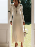 Elegant Fashion Knitted Long Dress with Flip Collar, Slim Fit, Long Sleeve, Elegant Style