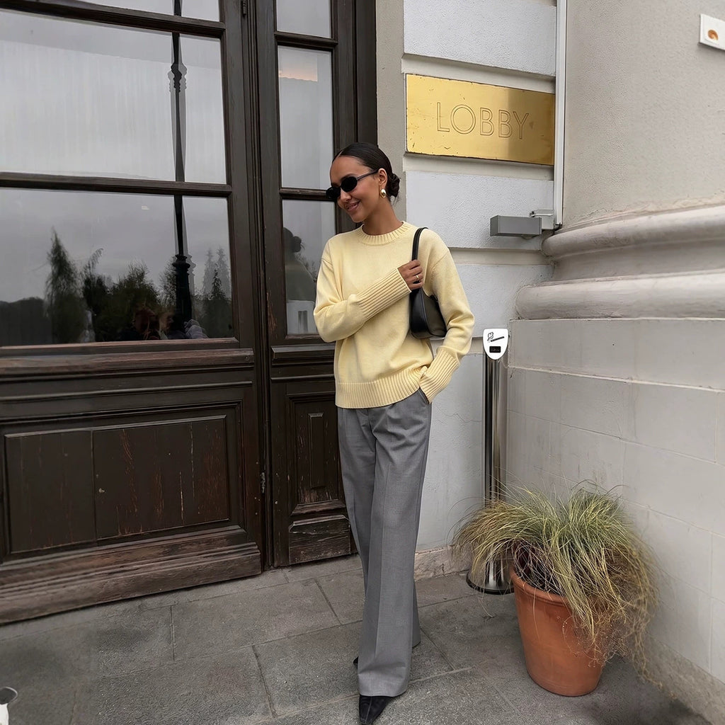 Loose Round Neck Pure Cotton Knit Sweater Solid Color Lazy Style Long Sleeve Pullover