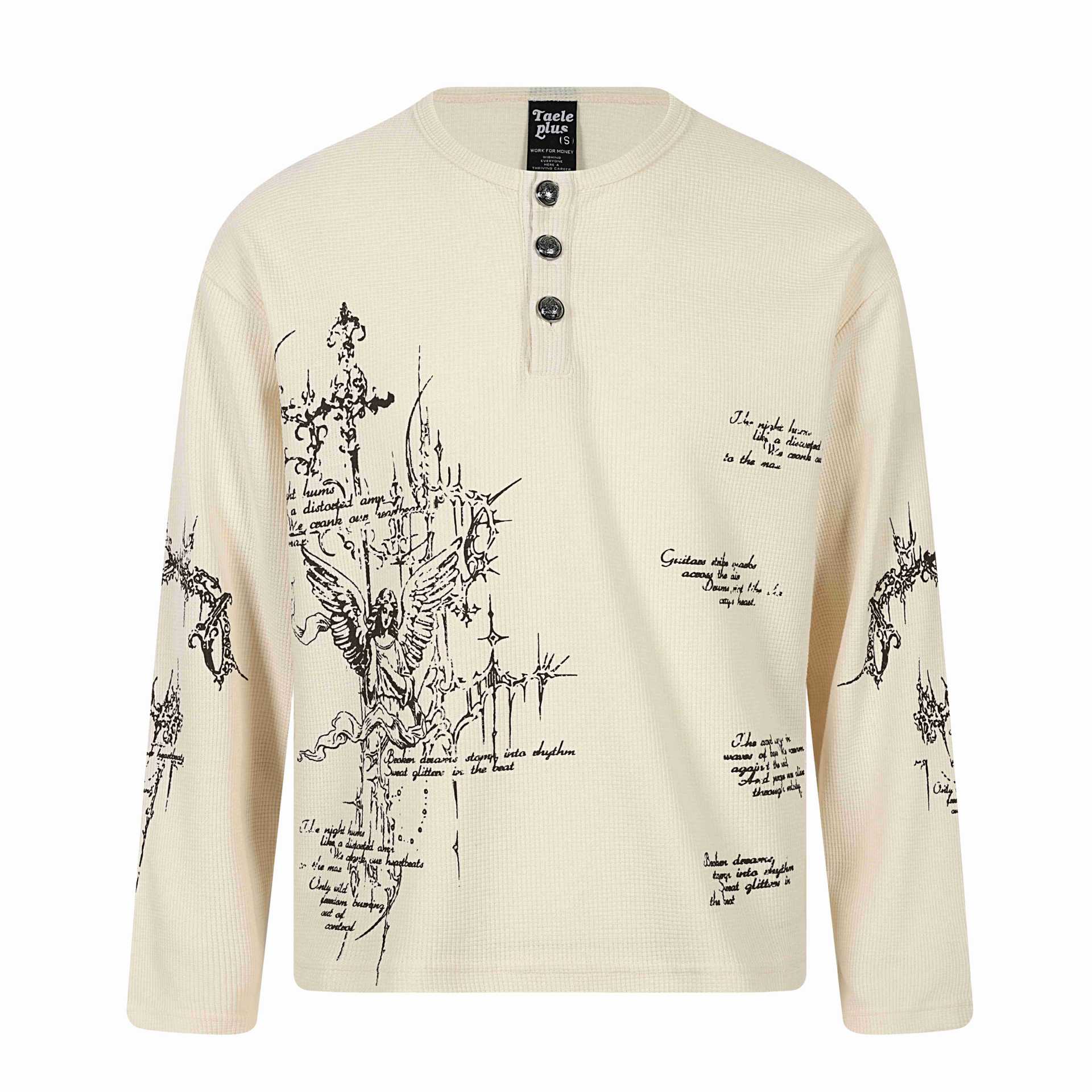 Letter Print Long Sleeve Henley Collar T-Shirt