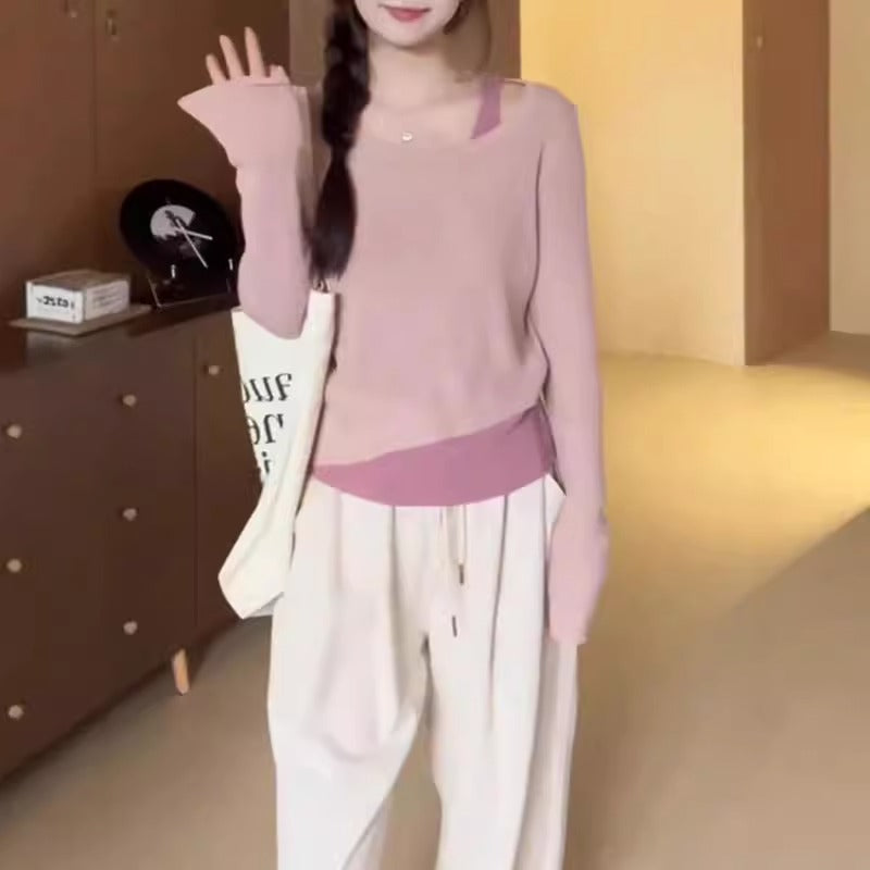 Chic Pink Knit Mock Two-Piece Long Sleeve T-Shirt for Women, Shoulder-Baring Top with Fashion Design