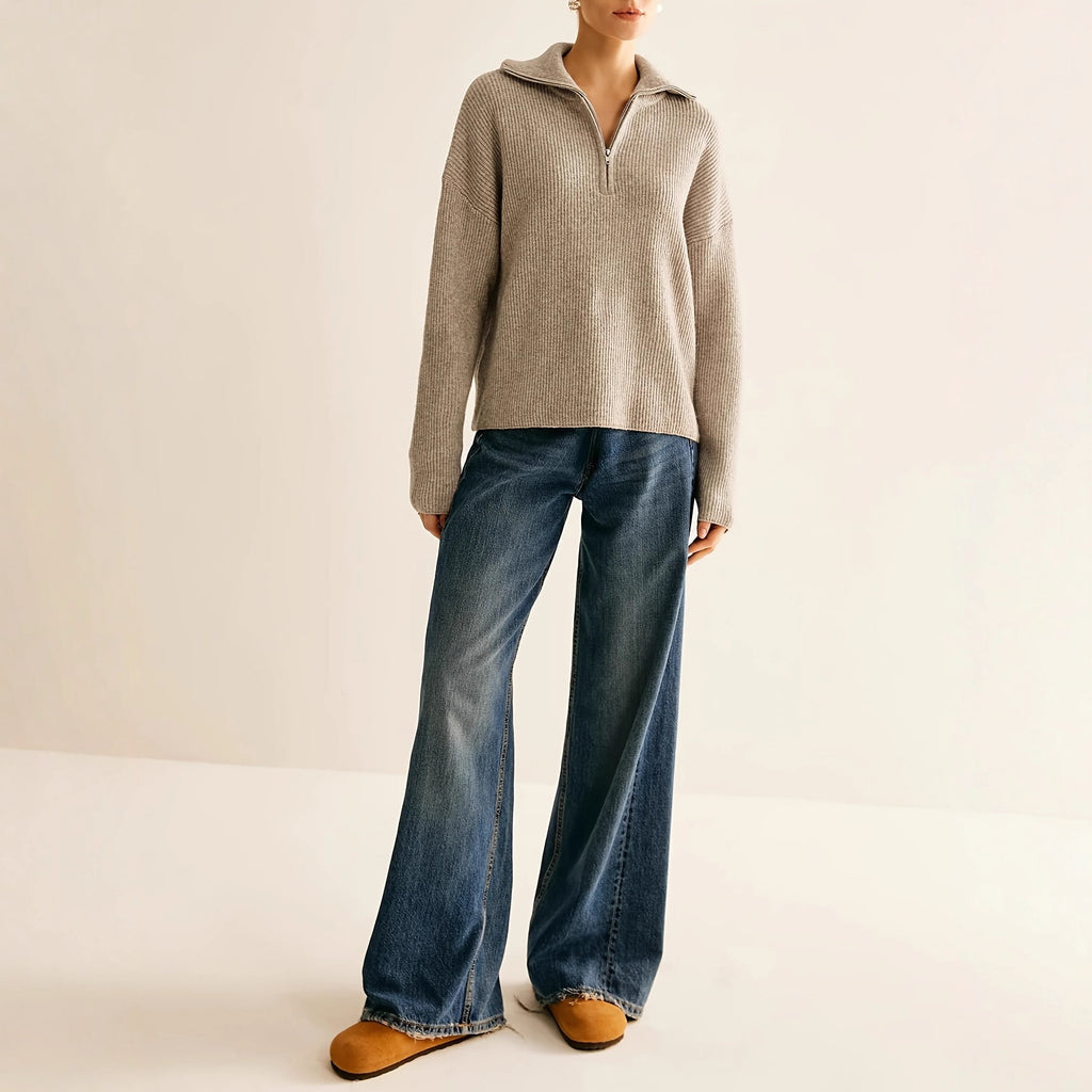 Elegant Casual Pullover for Women, Solid Color, Half-Zip Design with Lapel Collar