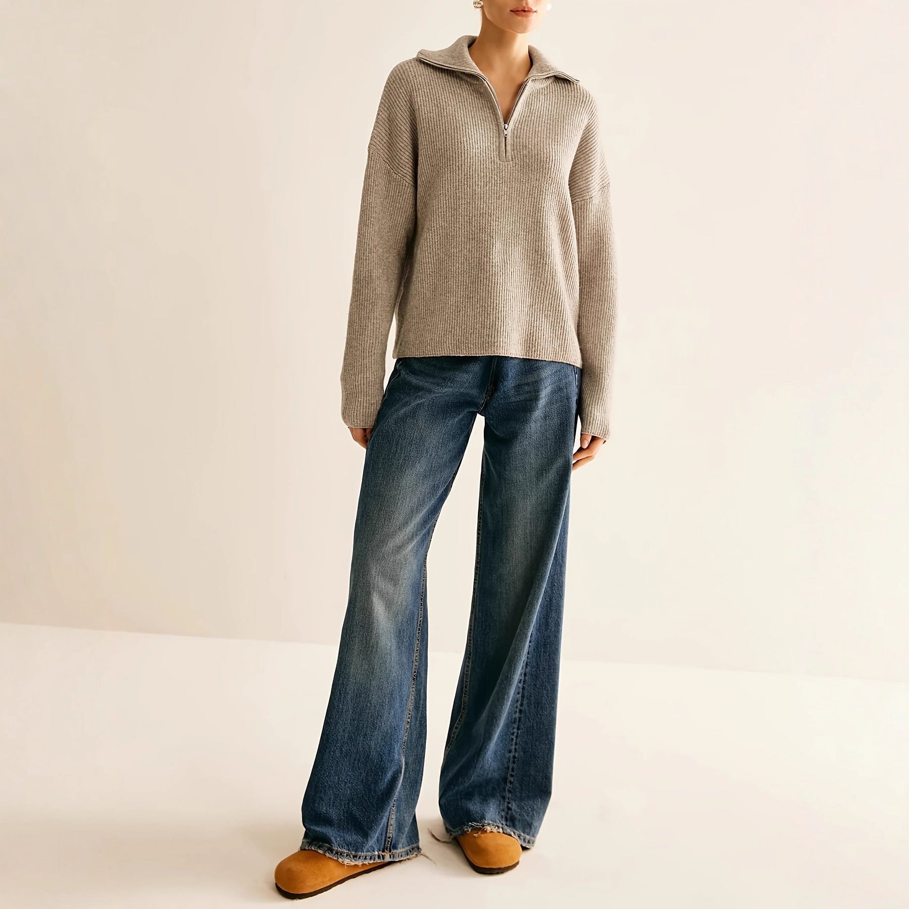 Elegant Casual Pullover for Women, Solid Color, Half-Zip Design with Lapel Collar