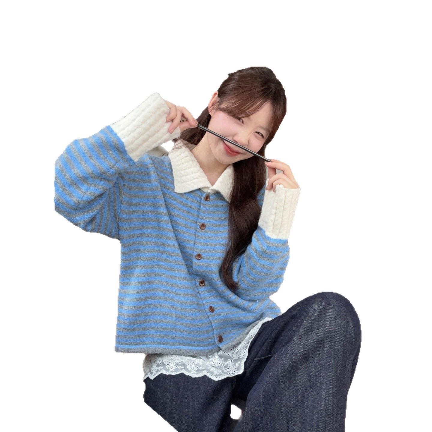 Chic Stripe Turn-Down Collar Knit Cardigan for Women, Loose Casual Polo Neck Sweater Coat, Autumn Style