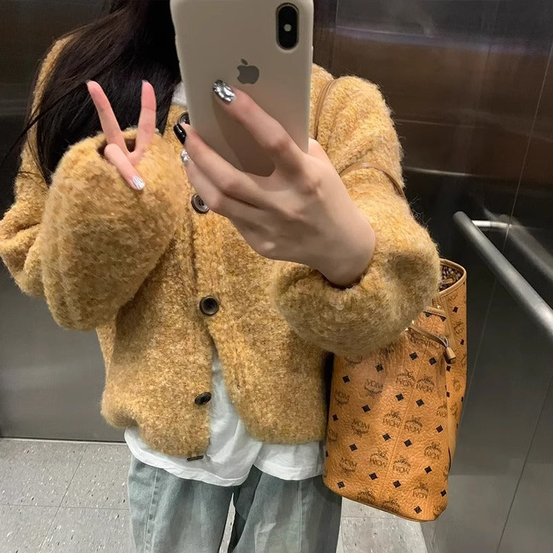 Soft Knit Cardigan Sweater for Women Yellow Short Length Autumn Outwear