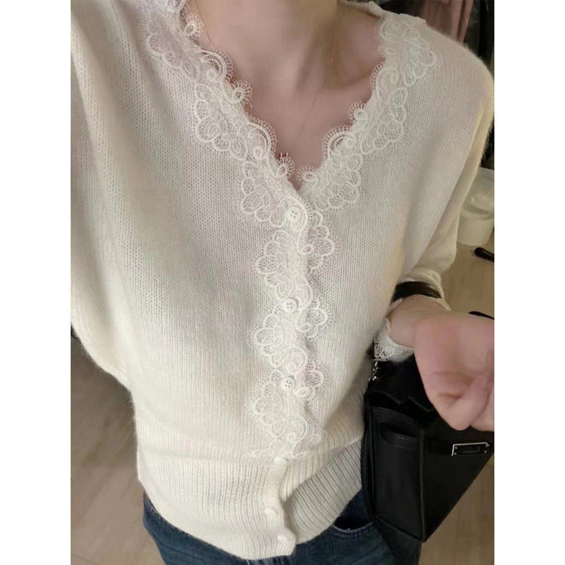 Lace Trim V-Neck Long Sleeve Knit Cardigan for Women, Versatile and Elegant Sweater Top