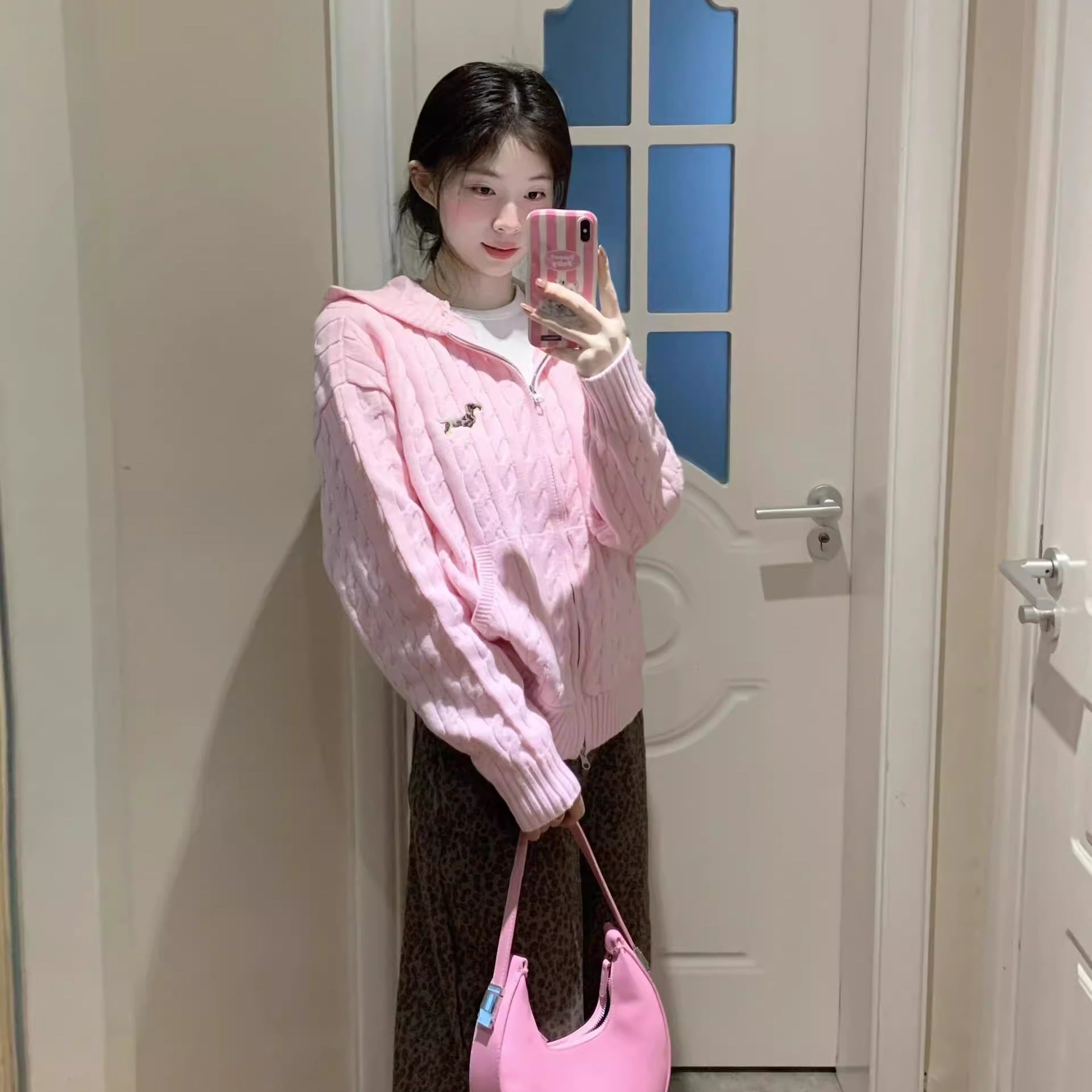 Blue Cable Knit Double-Zip Hooded Cardigan Coat for Women, Autumn Winter Lazy Style Loose Outerwear Open Front Sweater Top