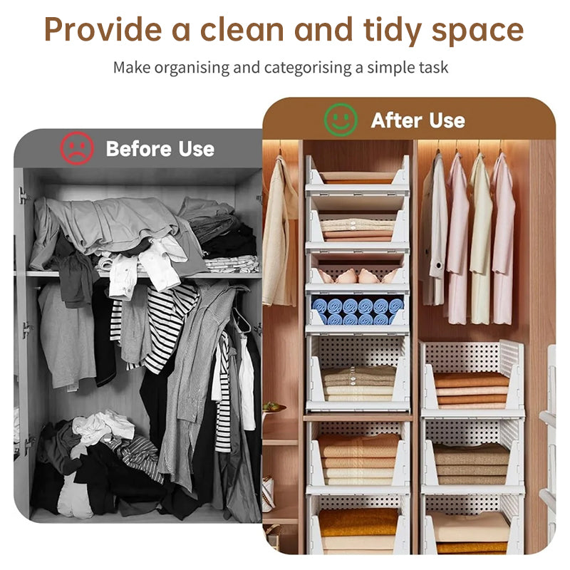 4-Pack Stackable Plastic Closet Organizer Bins – Foldable Storage Baskets with Slide-Out Rails