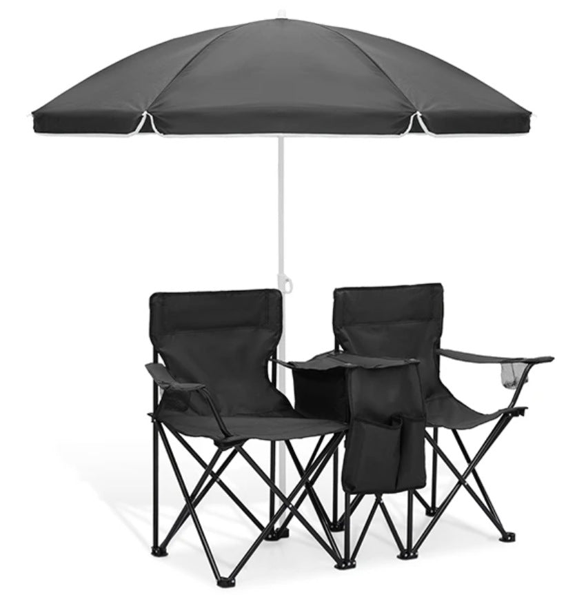 Double Camping Loveseat with Canopy – 600 lb Capacity Foldable Outdoor Chair with Cup Holders & Side Table