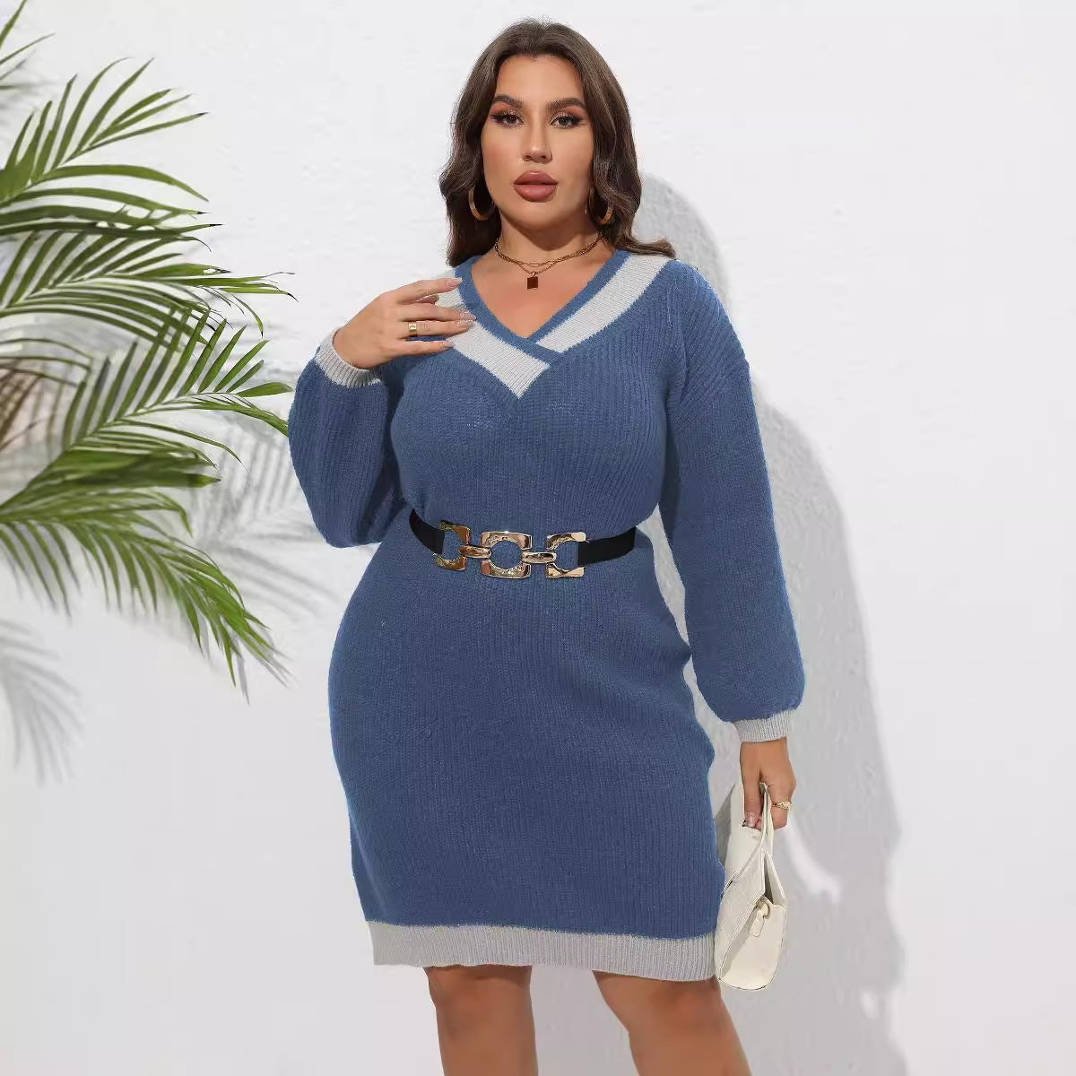 Ladies' Knitted Dress, Plus Size, Woven Knit, V-Neck, Color-block Splicing, Bodycon Silhouette, Sweater Dress