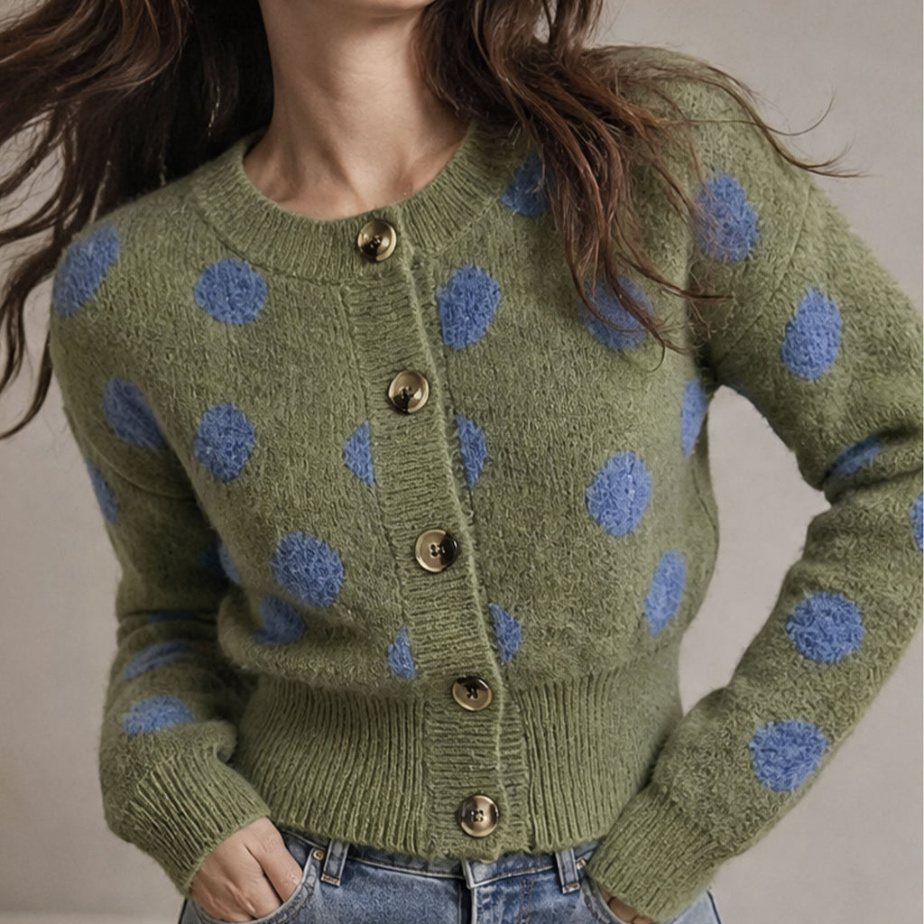 Vintage Round Neck Open Front Knit Sweater Women Autumn Winter New Green Polka Dot Single Buttoned Top Coat