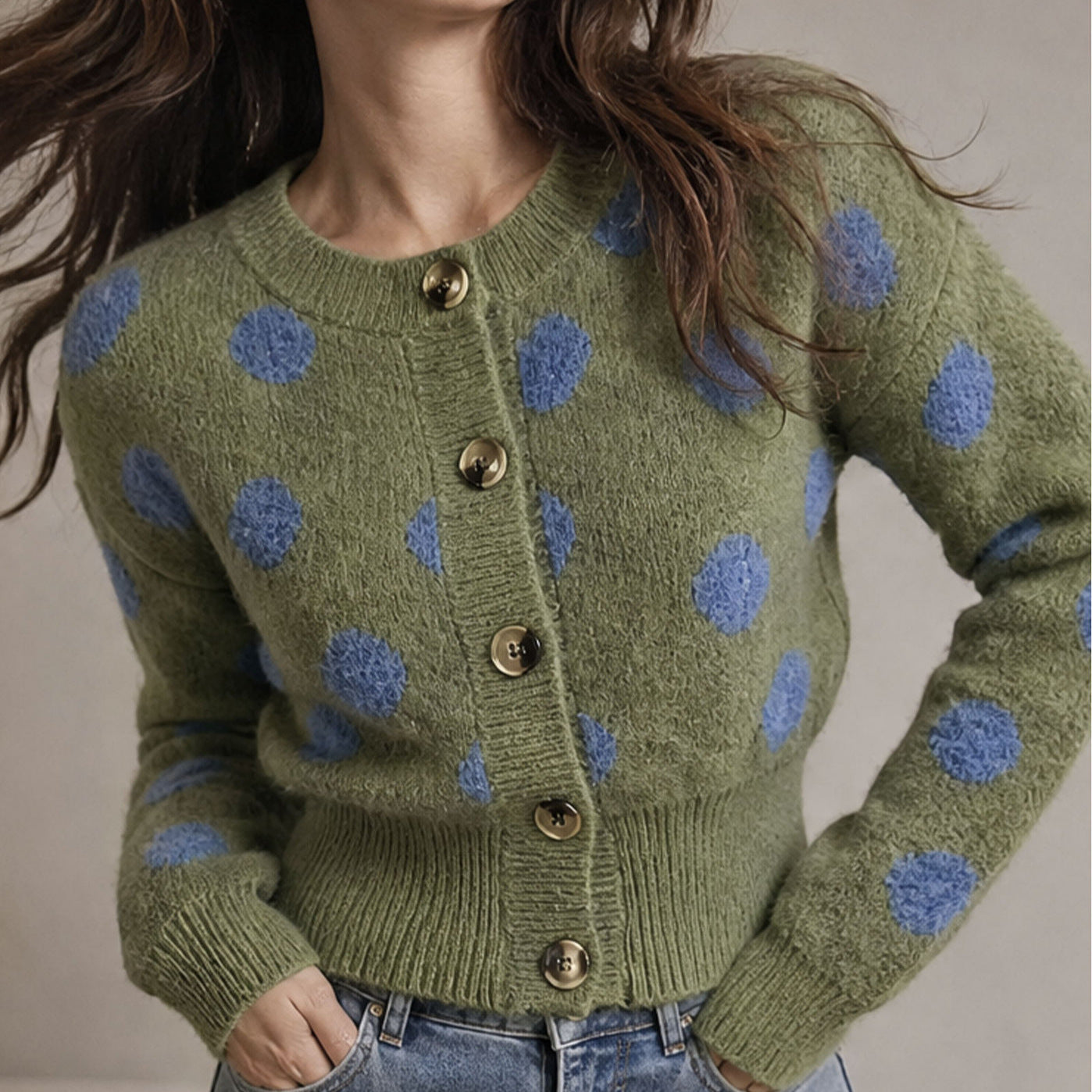 Vintage Round Neck Open Front Knit Sweater Women Autumn Winter New Green Polka Dot Single Buttoned Top Coat
