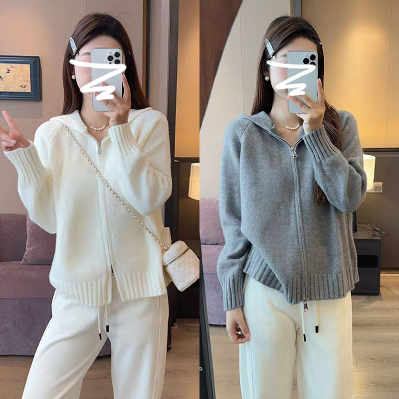 Soft White Hooded Knit Cardigan for Women, Autumn Winter Inner Layer, Cozy and Elegant Long Sleeve Sweater Coat