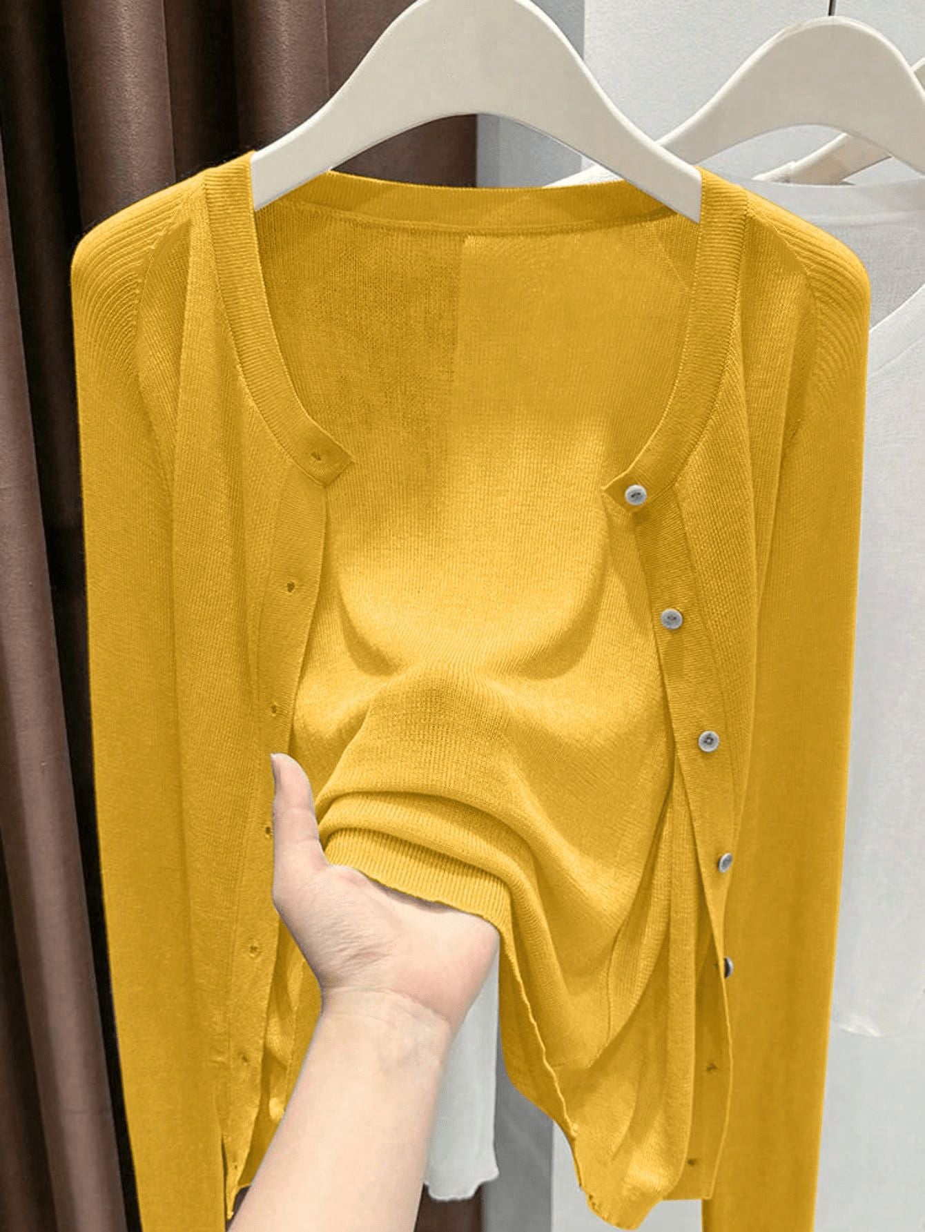 Spring Summer Women's Knit Cardigan Solid Color Round Neck Long Sleeve Lightweight Semi-Transparent Lyocell Tencel Cardigan