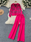 Chic Knit Two-Piece Set for Women, Floral Pattern V-Neck Cardigan, Fashionable and Versatile Outfit