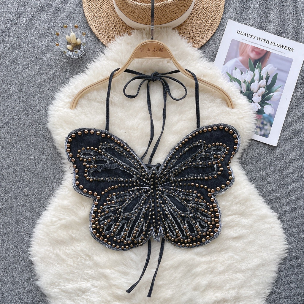 Women’s Backless Denim Butterfly Halter Top