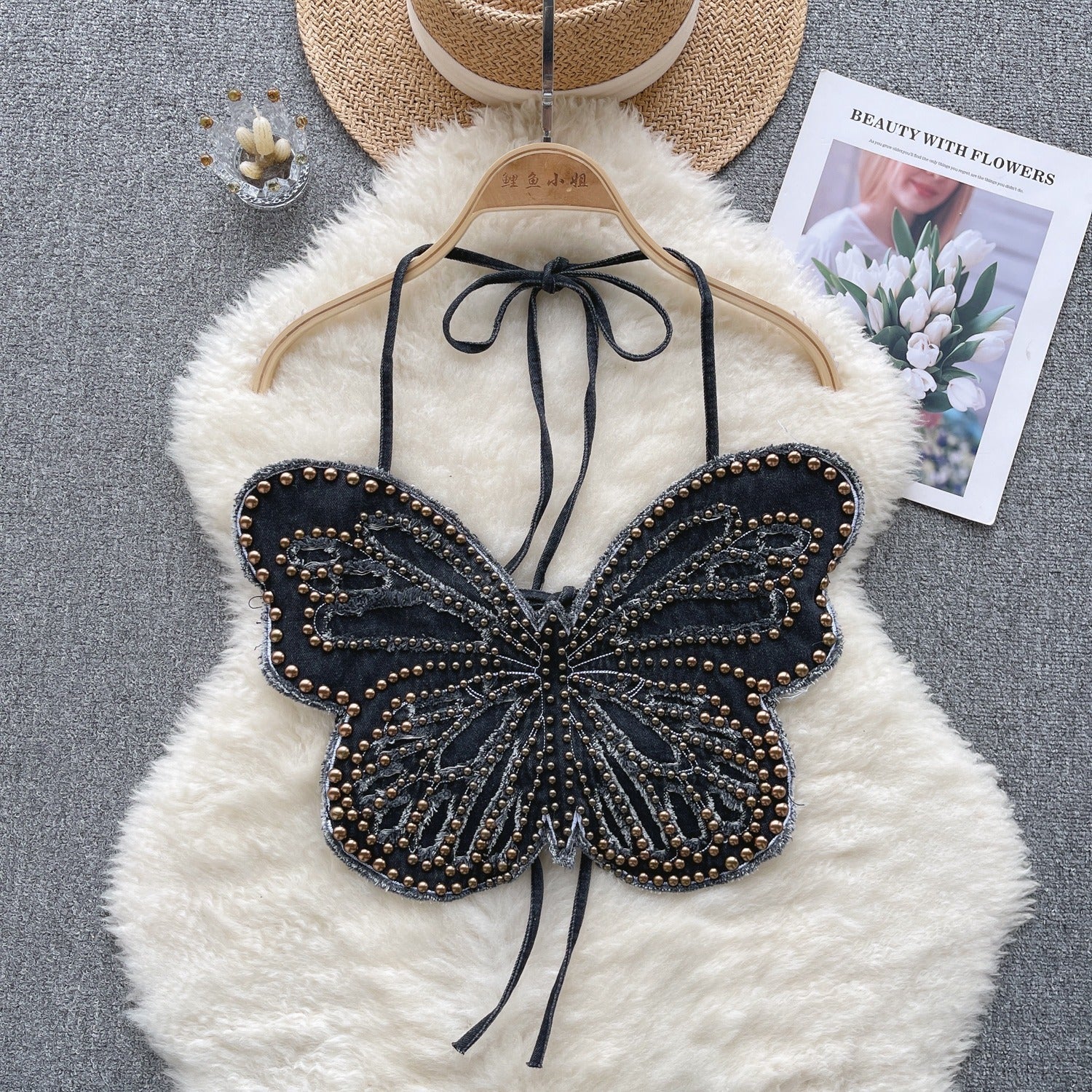 Women’s Backless Denim Butterfly Halter Top