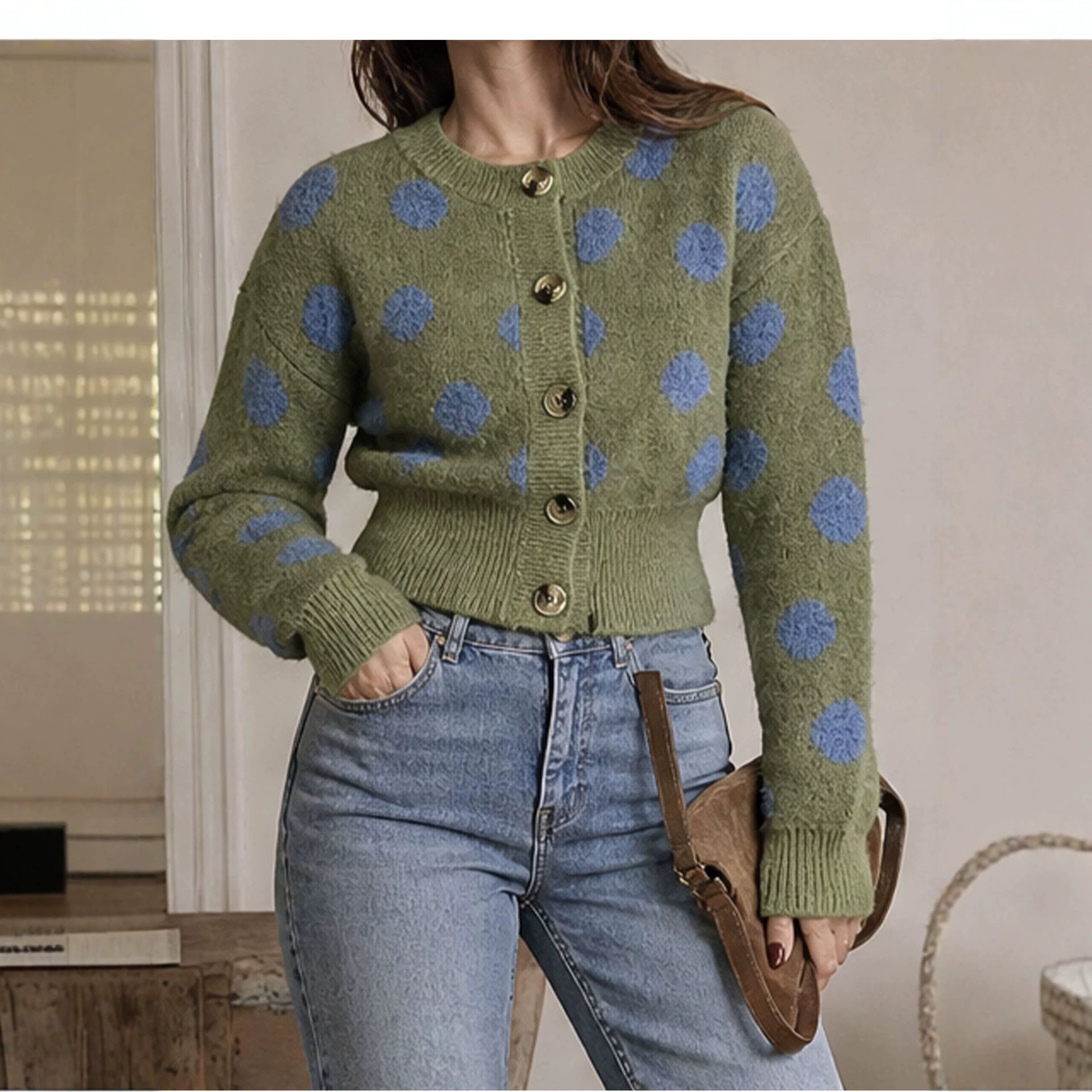 Vintage Round Neck Open Front Knit Sweater Women Autumn Winter New Green Polka Dot Single Buttoned Top Coat