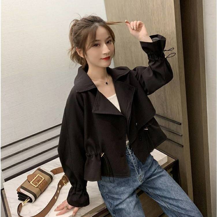 Women's autumn new women's clothing Korean version drawstring solid color short style windbreaker goddess versatile small and light mature top