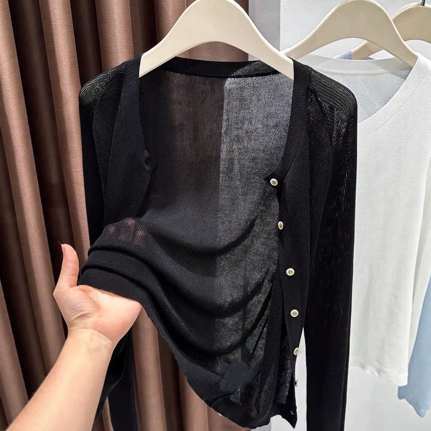 Spring Summer Women's Knit Cardigan Solid Color Round Neck Long Sleeve Lightweight Semi-Transparent Lyocell Tencel Cardigan
